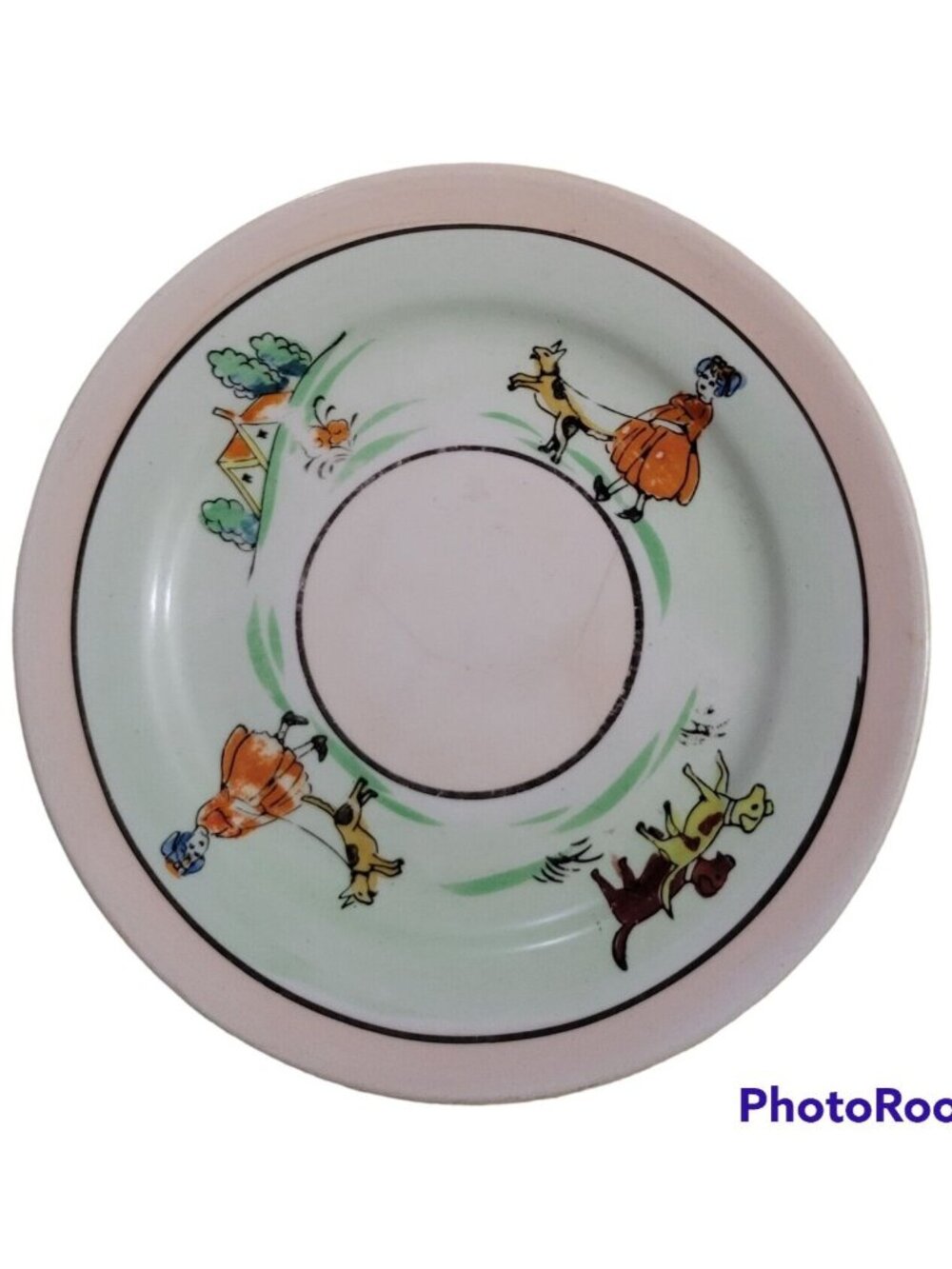 Ceramic Saucer Plate Handpainted House Girls Dogs Cherry Blossom Mark Japan Vtg